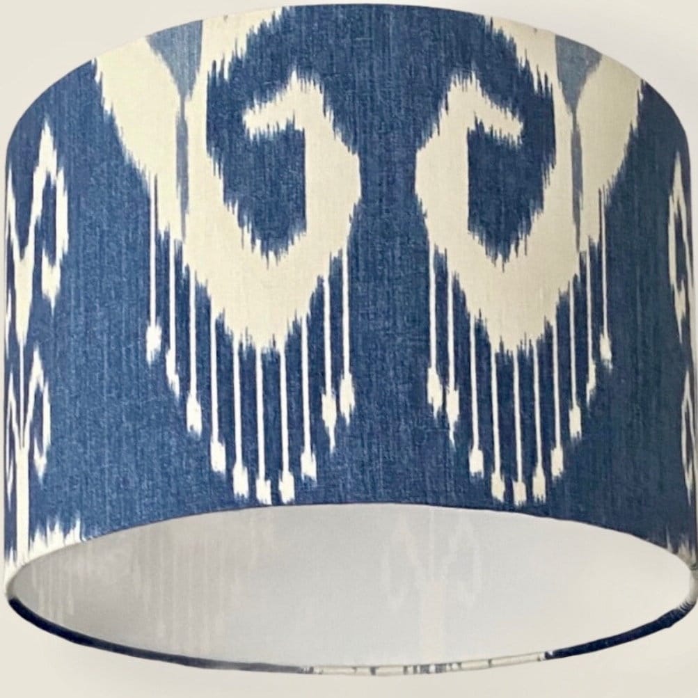 40cm diam drum shade blue and white linen ikat fabric. Ceiling fixing but can be bought with a shade carrier to be used on a lamp base.